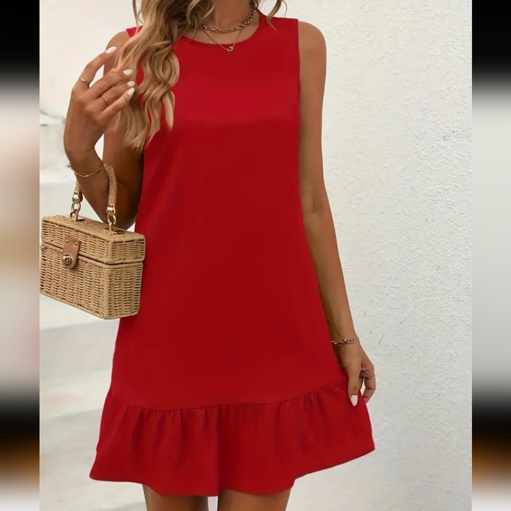 Red Ruffled Mini Sundress Crew Neck *new